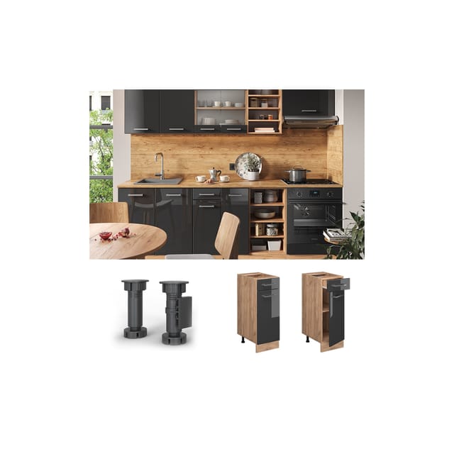 Vicco Küchenunterschrank R-Line Anthrazit Hochglanz/Goldkraft Eiche 30 cm ohne Arbeitsplatte