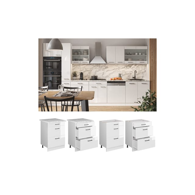 Vicco Küchenunterschrank R-Line Weiß Hochglanz/Weiß 60 cm mit Schubladen AP Marmor
