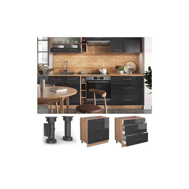 Vicco Küchenunterschrank Fame-Line Anthrazit Hochglanz/Goldkraft Eiche 80 cm mit 3 Schubladen ohne Arbeitsplatte