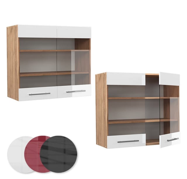 Vicco Küchenglasschrank Fame-Line Weiß Hochglanz/Goldkraft Eiche 80 cm