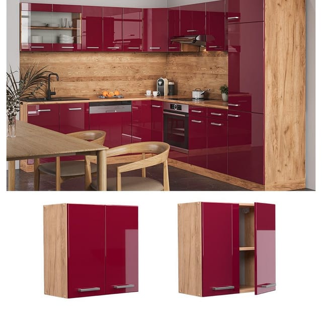 Vicco Hängeschrank R-Line Hängender Küchenschrank Bordeaux Hochglanz/Goldkraft Eiche 60 cm