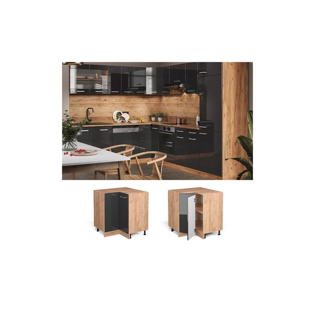 Vicco Eckunterschrank R-Line Anthrazit Hochglanz/Goldkraft Eiche 76 cm ohne Arbeitsplatte