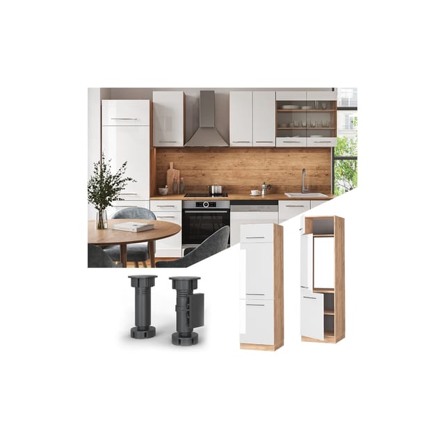 Vicco Kühlumbauschrank Fame-Line Weiß Hochglanz/Goldkraft Eiche 60 cm