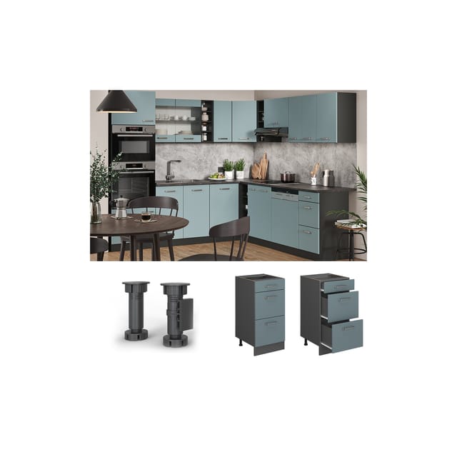 Vicco Küchenunterschrank R-Line Blau-Grau/Anthrazit 40 cm mit Schubladen ohne Arbeitsplatte