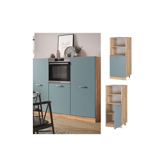 Vicco Herdumbauschrank R-Line Herdschrank Blau-Grau/Goldkraft Eiche 60 cm