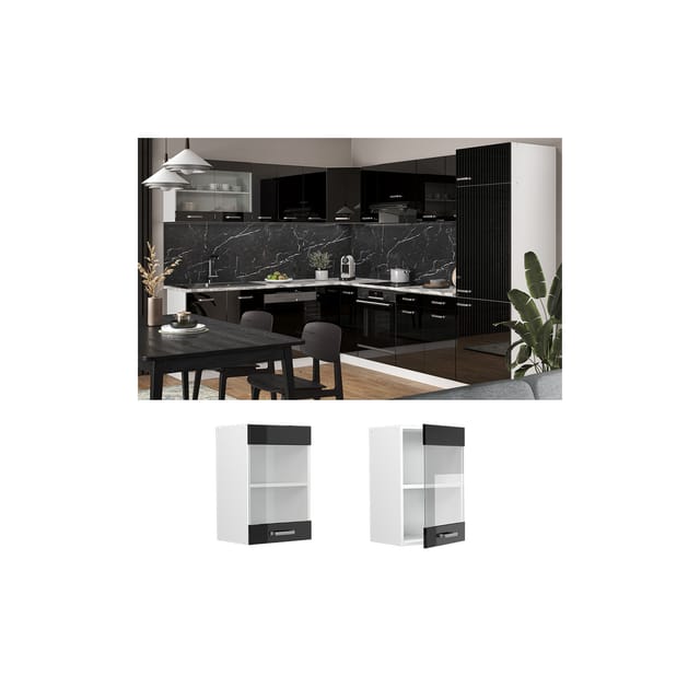 Vicco Küchenglasschrank R-Line Glashängeschrank Schwarz Hochglanz/Weiß 40 cm