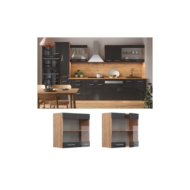 Vicco Küchenglasschrank R-Line Anthrazit Hochglanz/Goldkraft Eiche 60 cm