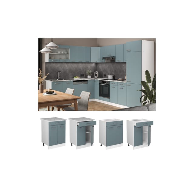 Vicco Küchenunterschrank R-Line Blau-Grau/Weiß 60 cm mit Schublade AP Marmor