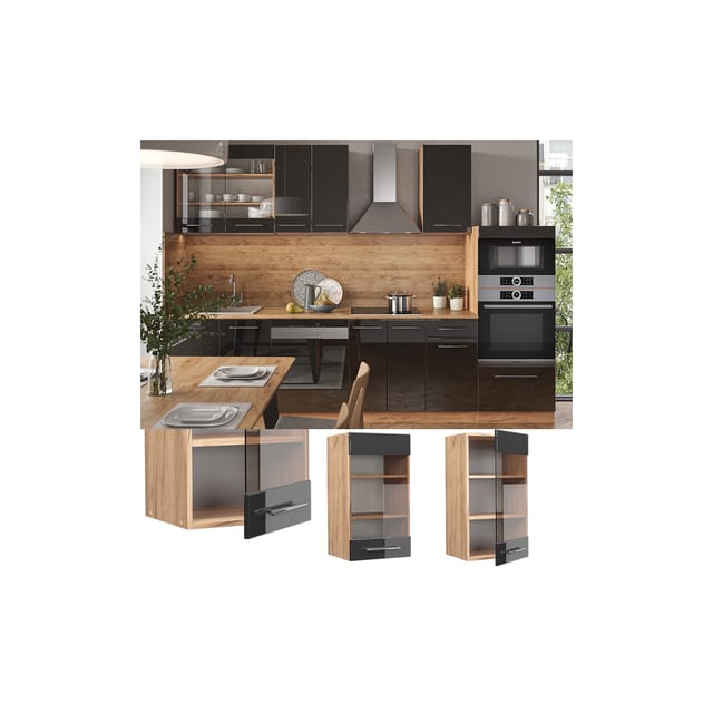 Vicco Küchenglasschrank Fame-Line Anthrazit Hochglanz/Goldkraft Eiche 40 cm