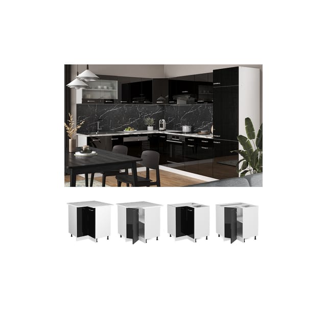 Vicco Eckunterschrank R-Line Schwarz Hochglanz/Weiß 76 cm AP Marmor