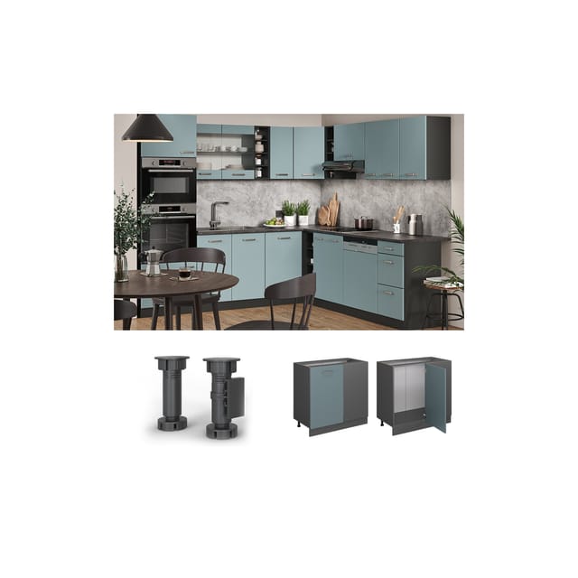 Vicco Eckunterschrank R-Line Blau-Grau/Anthrazit 86 cm ohne Arbeitsplatte