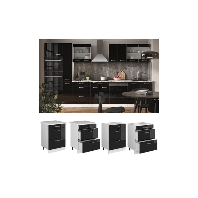 Vicco Küchenunterschrank R-Line Schwarz Hochglanz/Weiß 60 cm mit Schubladen AP Marmor