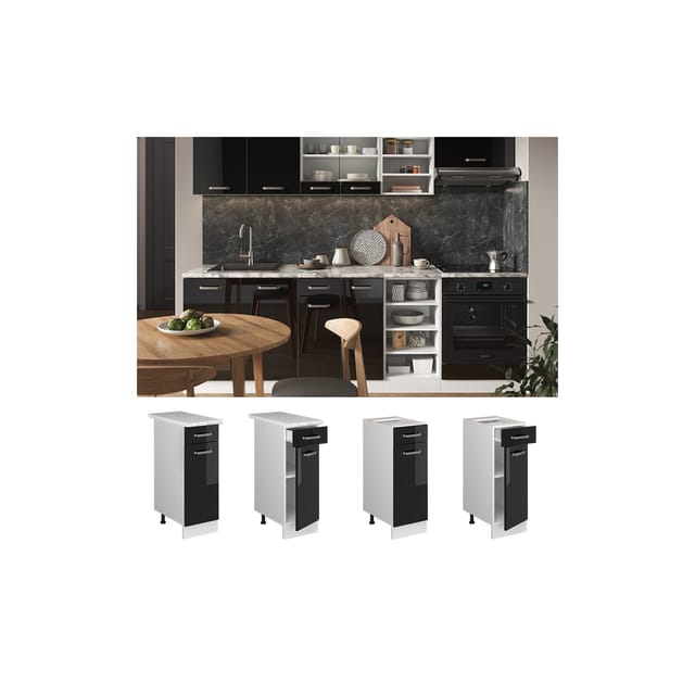 Vicco Küchenunterschrank R-Line Schwarz Hochglanz/Weiß 30 cm AP Marmor