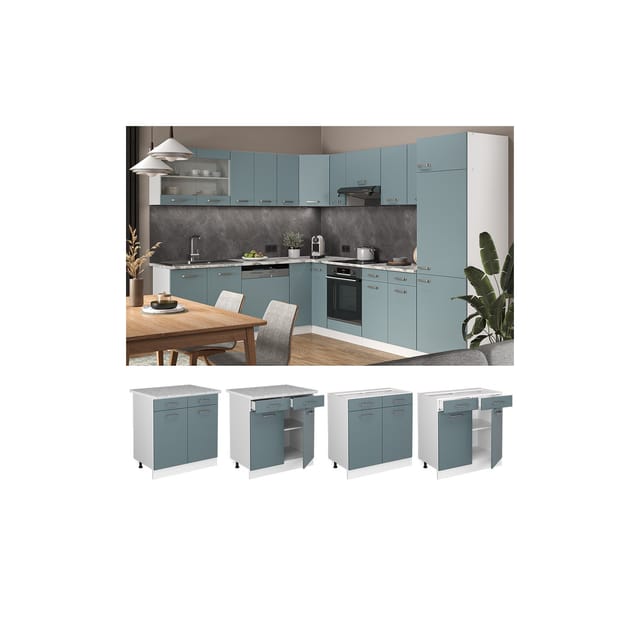 Vicco Küchenunterschrank R-Line Schubladenschrank für die Küche Blau-Grau/Weiß 80 cm AP Marmor