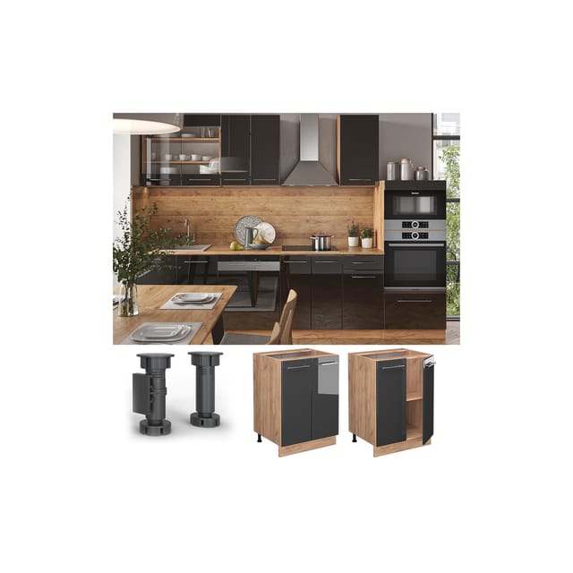 Vicco Küchenunterschrank Fame-Line Anthrazit Hochglanz/Goldkraft Eiche 60 cm ohne Arbeitsplatte