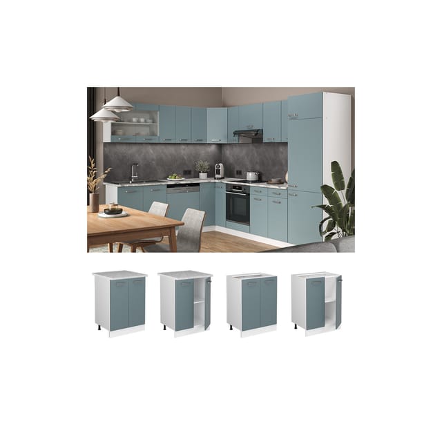Vicco Küchenunterschrank R-Line Küchenkommode Blau-Grau/Weiß 60 cm AP Marmor