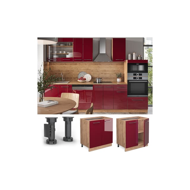 Vicco Spülenunterschrank Fame-Line Bordeaux Hochglanz/Goldkraft Eiche 80 cm mit Regal ohne Arbeitsplatte