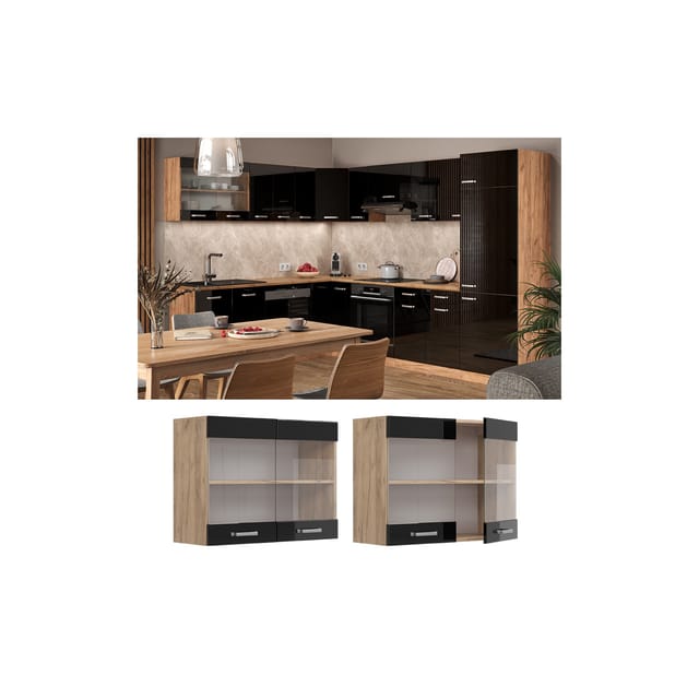 Vicco Küchenglasschrank R-Line Schwarz Hochglanz/Goldkraft Eiche 80 cm