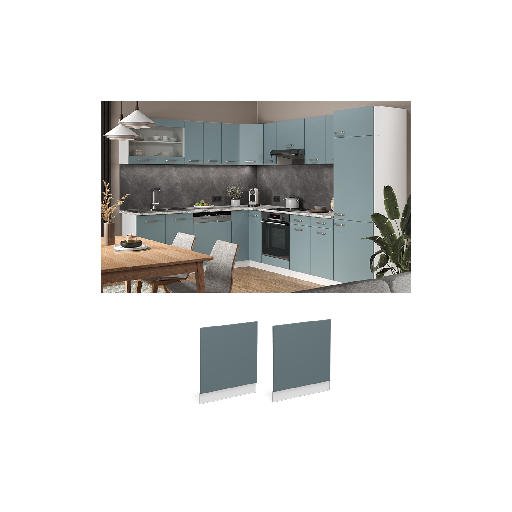 Vicco Frontblende R-Line Geschirrspüler Fronttür Blau-Grau/Weiß 60 cm ohne Arbeitsplatte