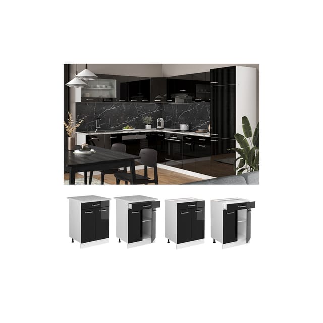 Vicco Küchenunterschrank R-Line Schwarz Hochglanz/Weiß 60 cm mit Schublade AP Marmor