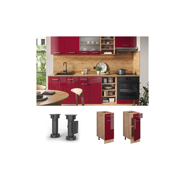 Vicco Küchenunterschrank R-Line Bordeaux Hochglanz/Goldkraft Eiche 30 cm ohne Arbeitsplatte