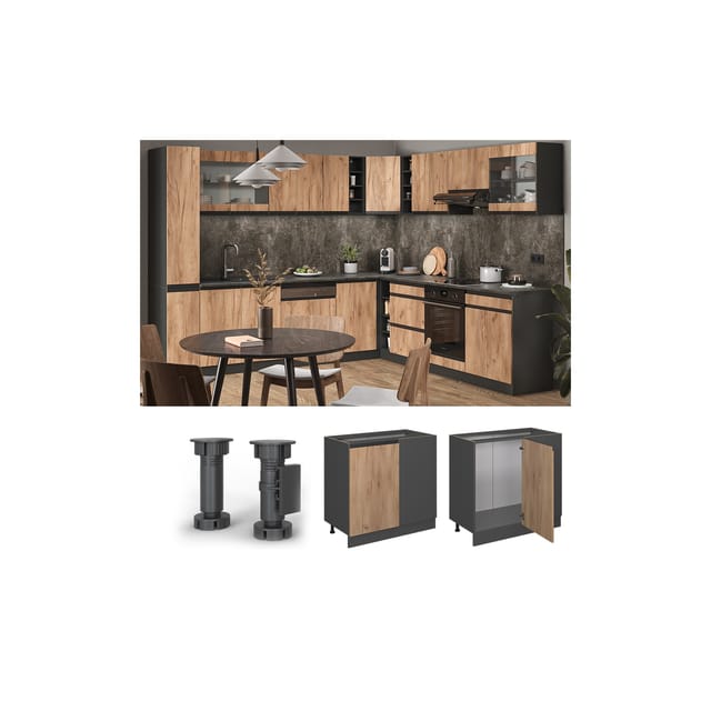Vicco Eckunterschrank R-Line Goldkraft Eiche/Anthrazit 86 cm J-Shape ohne Arbeitsplatte