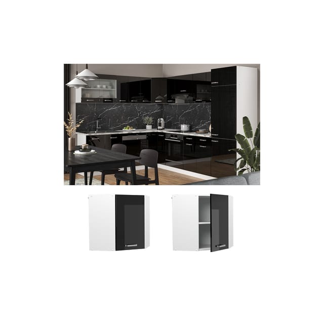 Vicco Eckhängeschrank R-Line Küchen-Eckschrank Schwarz Hochglanz/Weiß 57 cm