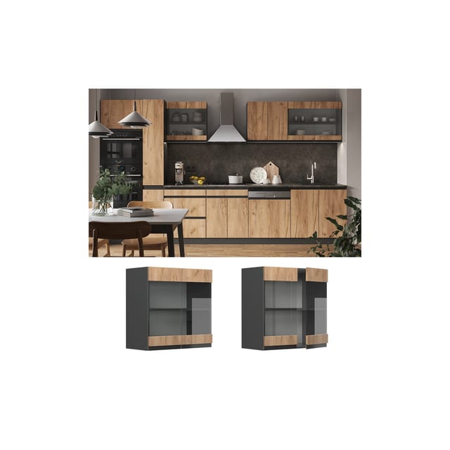 Vicco Küchenglasschrank R-Line Goldkraft Eiche/Anthrazit 60 cm J-Shape