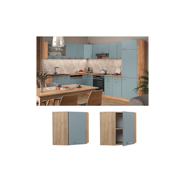 Vicco Eckhängeschrank R-Line Küchen-Eckschrank Blau-Grau/Goldkraft Eiche 57 cm