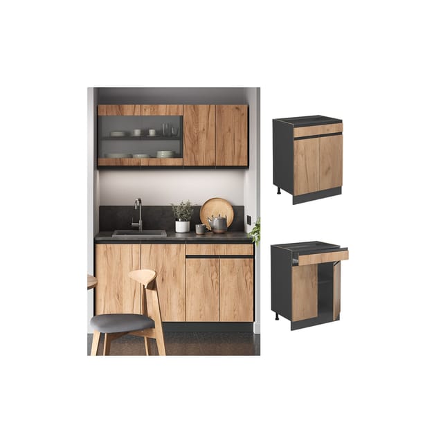 Vicco Küchenunterschrank R-Line Goldkraft Eiche/Anthrazit 60 cm J-Shape mit Schublade ohne Arbeitsplatte