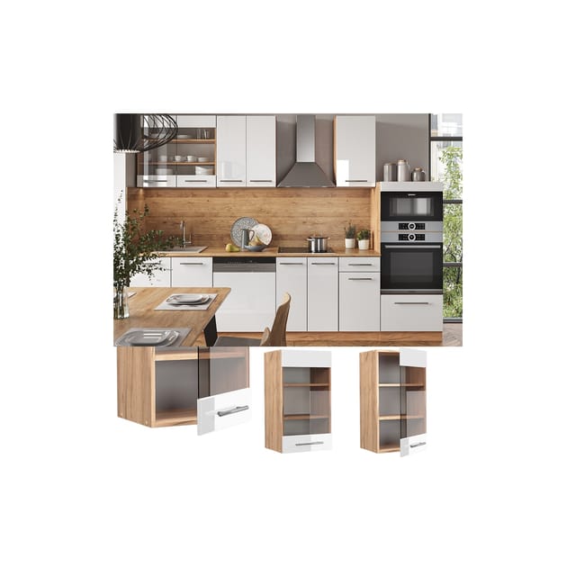 Vicco Küchenglasschrank Fame-Line Weiß Hochglanz/Goldkraft Eiche 40 cm