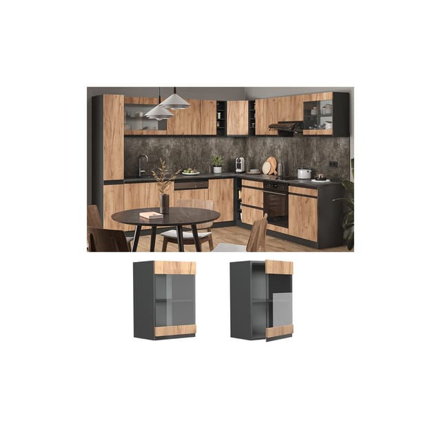 Vicco Küchenglasschrank R-Line Goldkraft Eiche/Anthrazit 40 cm J-Shape