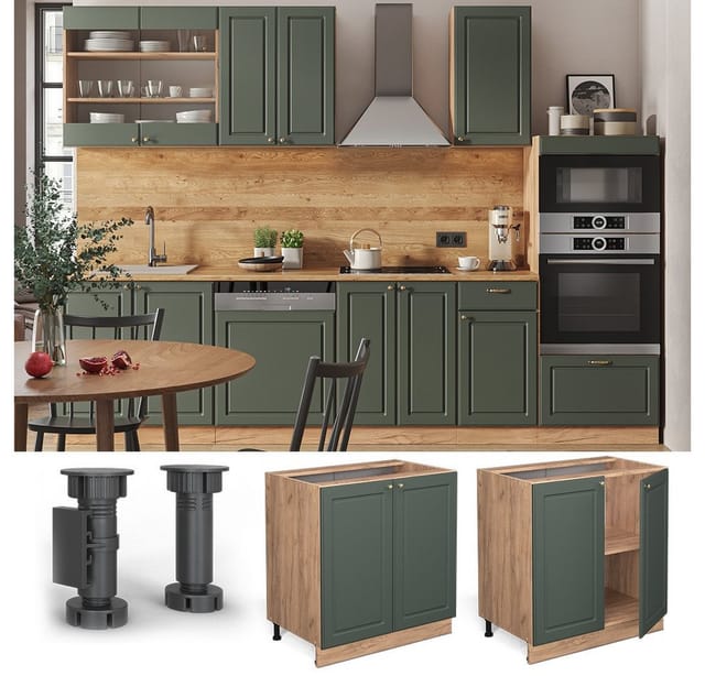 Vicco Spülenunterschrank Fame-Line Grün-Gold Landhaus/Goldkraft Eiche 80 cm mit Regal ohne Arbeitsplatte