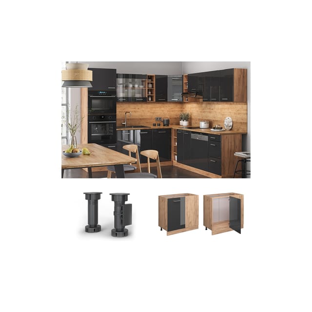 Vicco Eckunterschrank R-Line Anthrazit Hochglanz/Goldkraft Eiche 86 cm ohne Arbeitsplatte