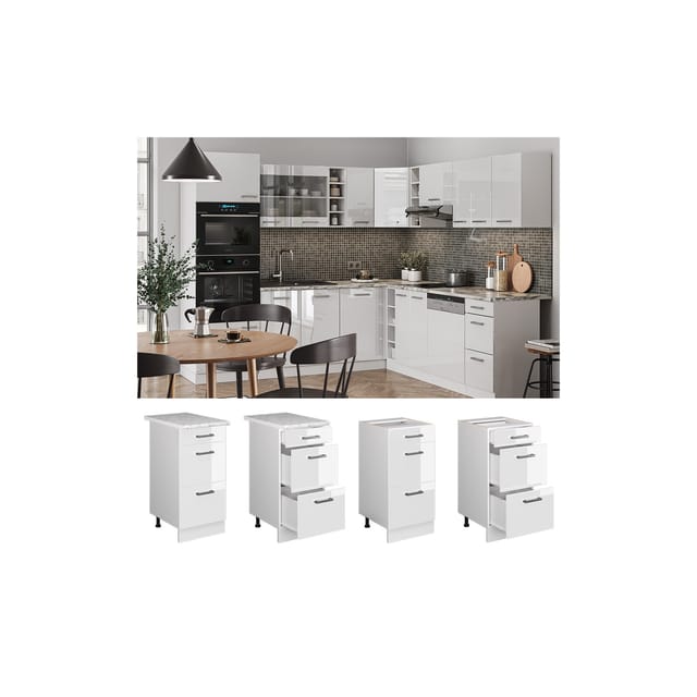Vicco Küchenunterschrank R-Line Weiß Hochglanz/Weiß 40 cm mit Schubladen AP Marmor