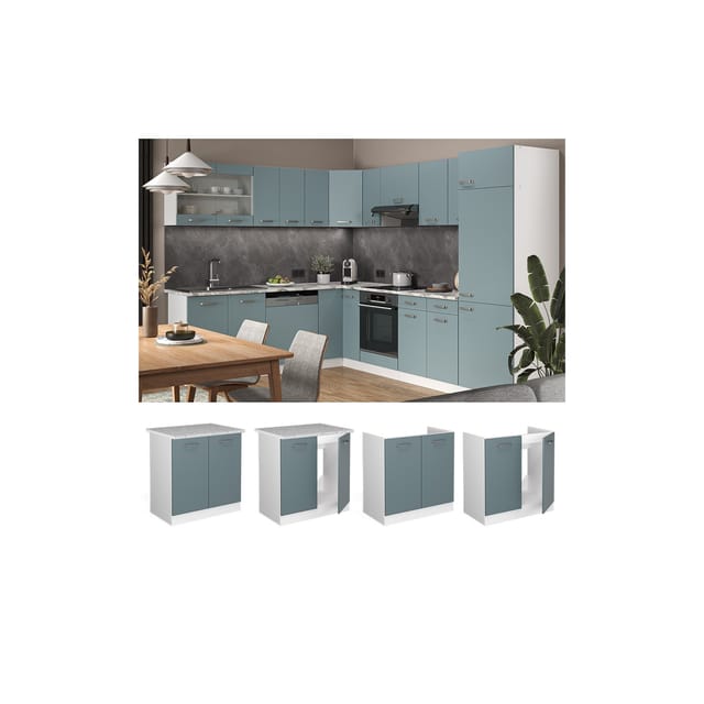 Vicco Spülenunterschrank R-Line Küchenunterschrank für die Spüle Blau-Grau/Weiß 80 cm AP Marmor