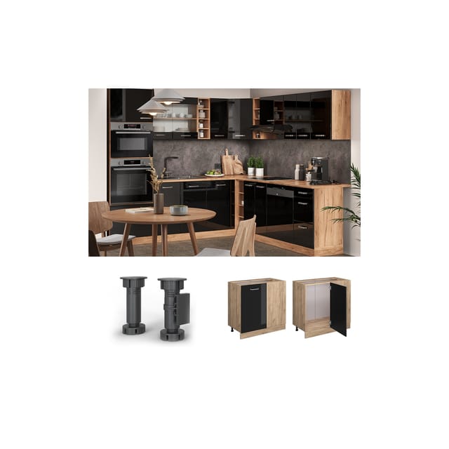 Vicco Eckunterschrank R-Line Schwarz Hochglanz/Goldkraft Eiche 86 cm ohne Arbeitsplatte