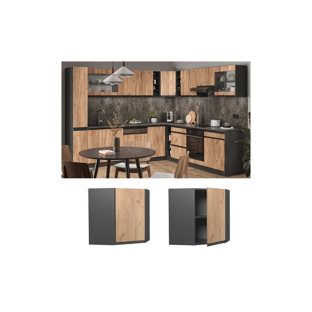 Vicco Eckhängeschrank R-Line Küchen-Eckschrank Goldkraft Eiche/Anthrazit 57 cm J-Shape