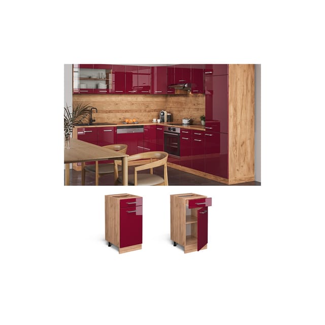 Vicco Küchenunterschrank R-Line Bordeaux Hochglanz/Goldkraft Eiche 40 cm ohne Arbeitsplatte