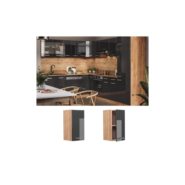 Vicco Hängeschrank R-Line Hängender Küchenschrank Anthrazit Hochglanz/Goldkraft Eiche 30 cm
