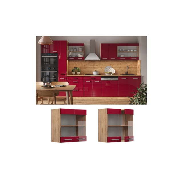 Vicco Küchenglasschrank R-Line Bordeaux Hochglanz/Goldkraft Eiche 60 cm