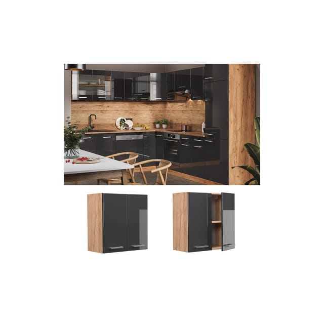 Vicco Hängeschrank R-Line Hängender Küchenschrank Anthrazit Hochglanz/Goldkraft Eiche 60 cm