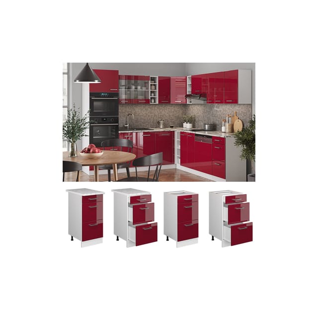 Vicco Küchenunterschrank R-Line Bordeaux Hochglanz/Weiß 40 cm mit Schubladen AP Marmor