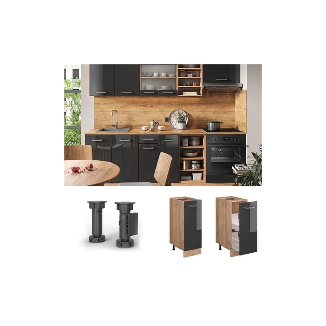 Vicco Apothekerschrank R-Line Anthrazit Hochglanz/Goldkraft Eiche 30 cm ohne Arbeitsplatte