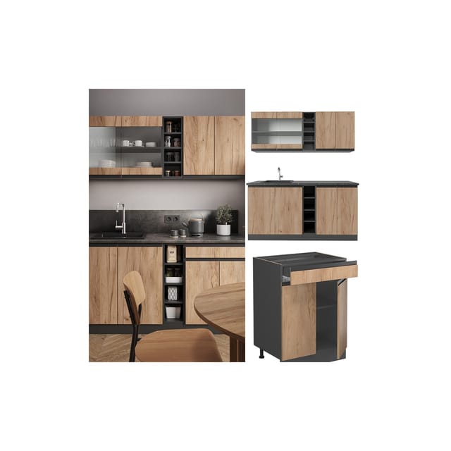 Vicco R-Line Singleküche Goldkraft Eiche/Anthrazit 160 cm J-Shape ohne E-Geräte