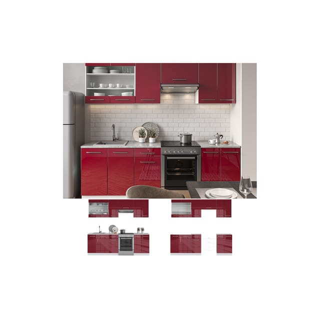 Vicco Fame-Line Küchenzeile Bordeaux Hochglanz/Weiß 240 cm ohne Arbeitsplatte ohne E-Geräte