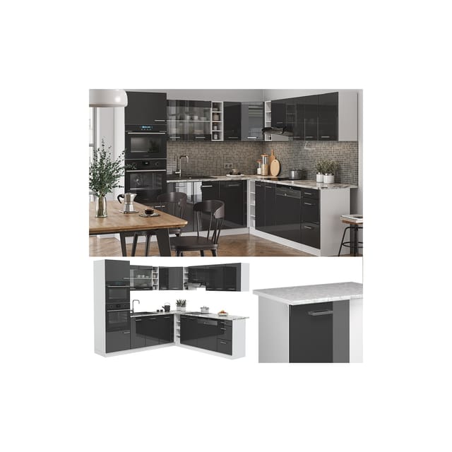 Vicco R-Line Eckküche Anthrazit Hochglanz/Weiß 237 x 60 cm AP Marmor ohne E-Geräte
