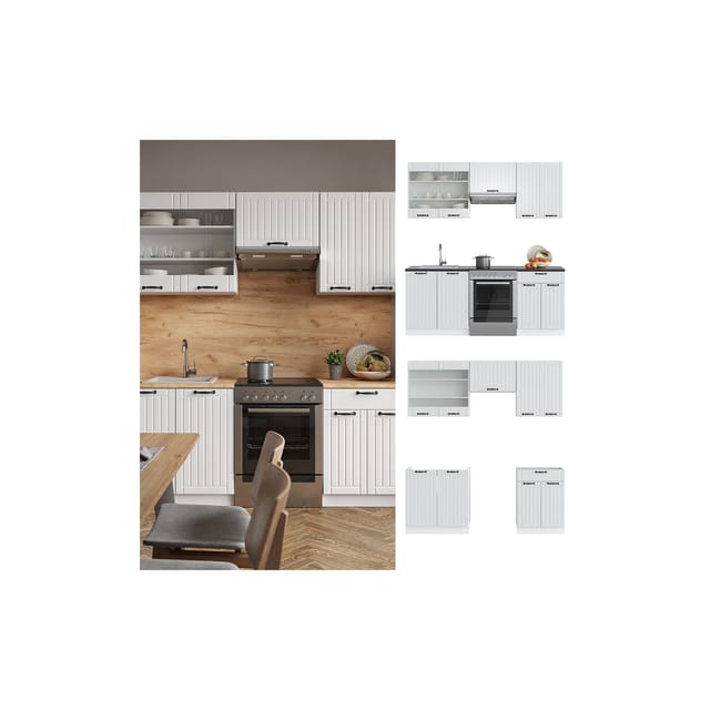 Vicco Fame-Line Küchenzeile Weiß Landhaus/Weiß 200 cm ohne Arbeitsplatte ohne E-Geräte