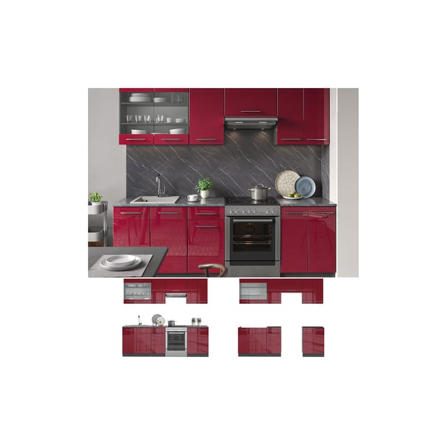 Vicco Fame-Line Küchenschränke Bordeaux Hochglanz 240 cm ohne Arbeitsplatte ohne E-Geräte