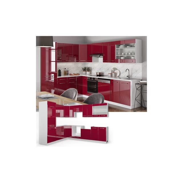 Vicco Fame-Line Eckküche Bordeaux Hochglanz/Weiß 227 x 60 cm ohne Arbeitsplatte ohne E-Geräte
